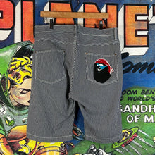 Load image into Gallery viewer, Y2K Bape Pirate Pinstripe Jean Shorts Size 34”
