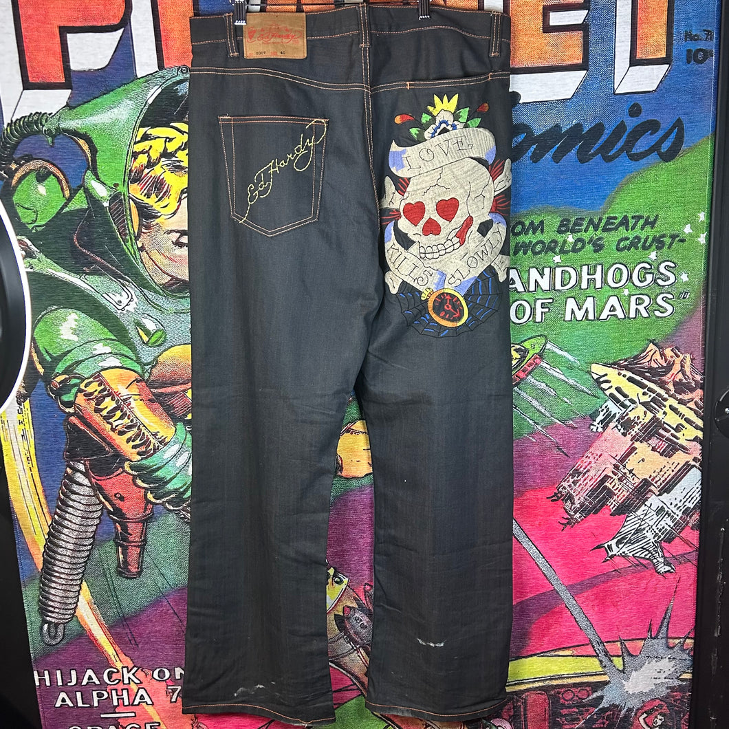 Y2K Ed Hardy Skull Embroidered Jeans Size 40”